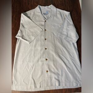 Tommy Bahama Mens Medium Silk Shirt Beige “Carry a Big Stick" Embroidered
